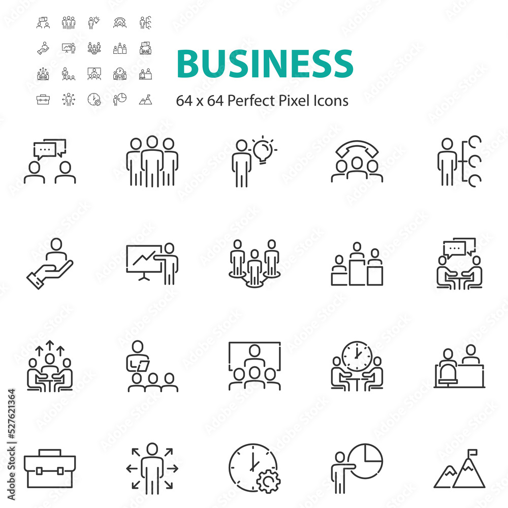 set of business people line icons, team, members