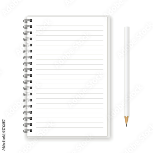 Mockup blank notebook and white pencil isolated on white background.  Template spiral copybook or organizer.