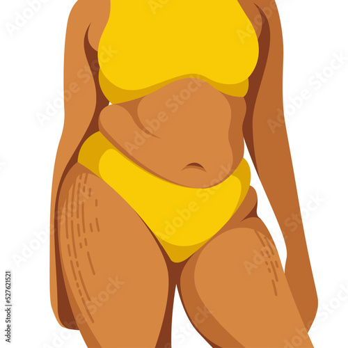 vector image on the theme of body positivity. a curvy girl is not shy of fat folds on her body and stretch marks on her hips. isolated on white background. love and accept your body. love yourself.