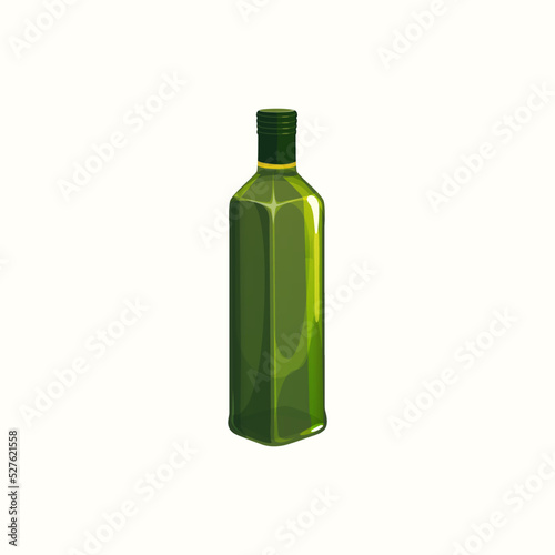 Green glass bottle of extra virgin olive oil isolated realistic icon. Vector greek or italian cuisine food object, salad seasoning condiment, nutrition oily ingredient. Liquid sunflower or linseed oil