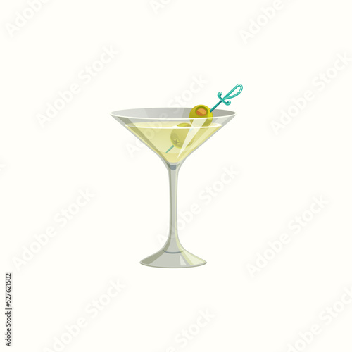 Glass of martini alcohol drink and olive oil on stick isolated realistic icon. Vector classic dry martini with olives, summer refreshing cocktail with toothpick and veggies decoration, vermouth drink