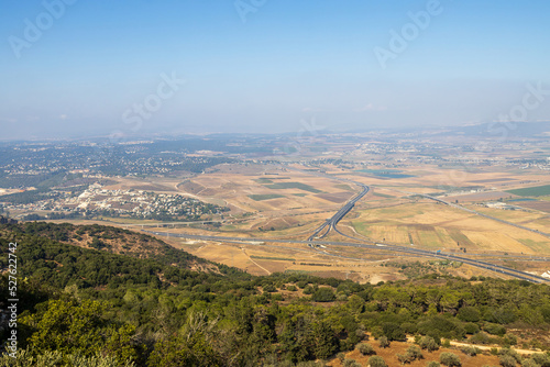 View of the Jezreel Valley in fog in winter cloudy day from Muhraqa on Mount Carmel in Lower Galilee, Israel