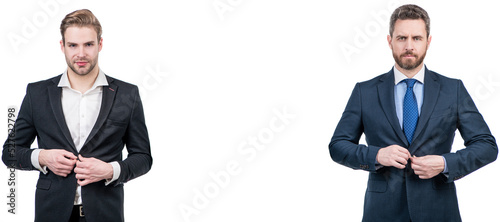 Man face portrait, banner with copy space. buttoning jacket. businessmen isolated on white. boss and employee. confident business partners.