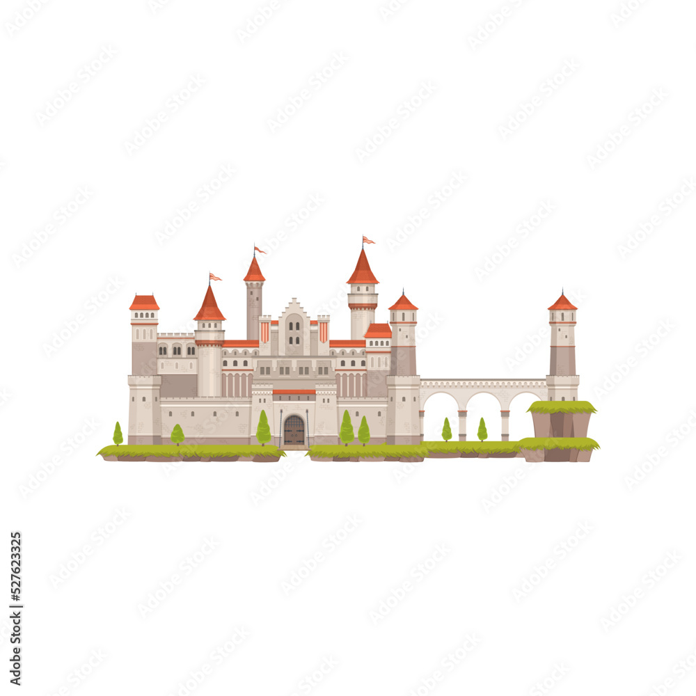 Fairytale castle isolated fantasy fortress of princess. Vector cartoon medieval building, royal kingdom tower with entrance gate, medieval fort of stone. Magic citadel landscape scenery, king palace