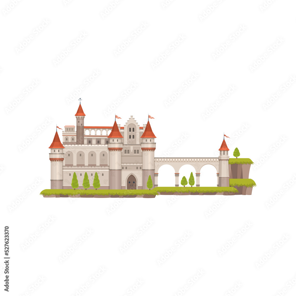 Medieval castle landscape, queen or king palace with towers, gates and flag isolated. Vector royal fortress of prince princess, cinderella story tale fantasy fort with bridge, red roof, stony building