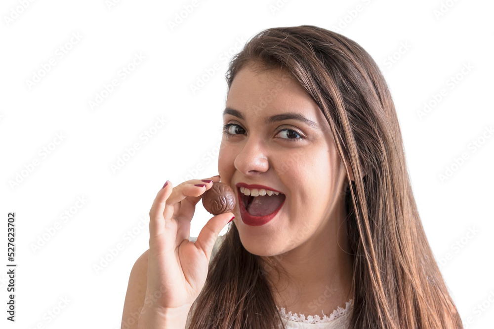 girl eating chocolate with white background girl eating chocolate with white background
