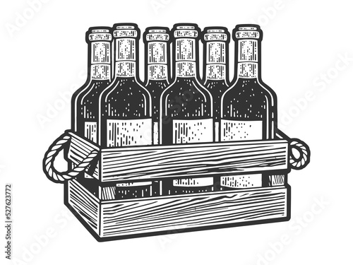 bottles of wine in a wooden box sketch engraving vector illustration. Scratch board imitation. Black and white hand drawn image.
