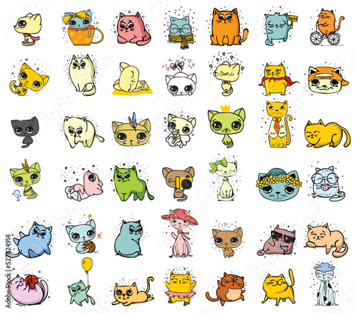 Big set of vector cute funny cats for greeting card design, t-shirt print, inspiration poster.