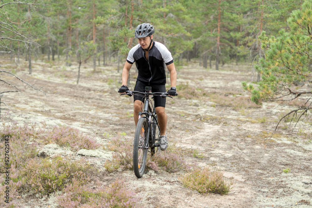 Sport a man on a mountain bike in a helmet and equipment on the road in a green forest