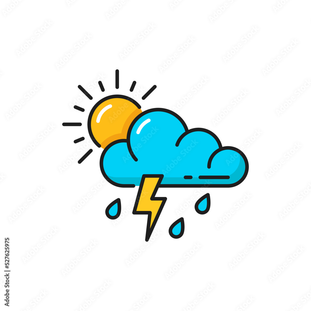 Weather forecast icon, thunderstorm rain, sun and cloud overcast, vector color outline symbol. Day weather forecast of rainy storm and cloudy climate Weather forecast icon, thunderstorm rain, sun and cloud overcast, vector color outline symbol. Day weather forecast of rainy storm and cloudy climate