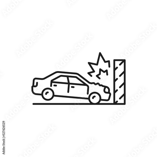 Car crash, collision or damage line icon. Car collision on road thin line vector icon. Drunk driving and safety pictogram, automobile damage, traffic rules violation symbol with car crashing in wall