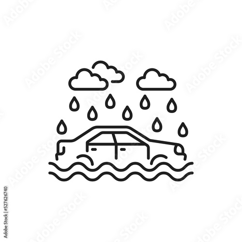 Car damage in natural disaster thin line icon. Car damage in flood or rain outline pictogram or symbol. Sunken in disaster automobile, vehicle insurance risk line vector icon or sign with car in water