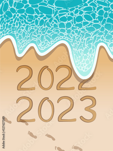 New Year concept vector illustration. Numbers 2022 and 2023 written in sand on beach background with blue ocean wave
