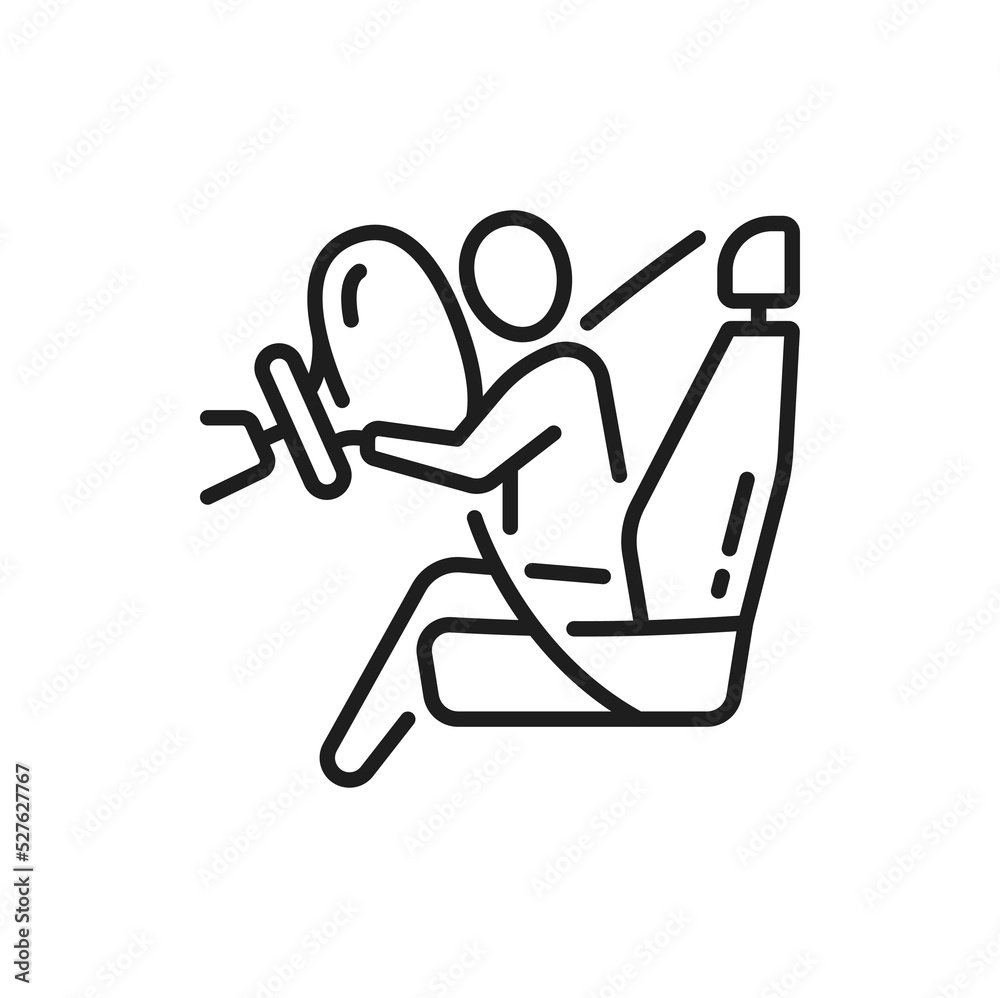 Car crash, driver safety in accident or collision thin line icon with airbag deployment after crash impact. Automobile insurance risk, traffic rules violation or road accident line pictogram or icon Car crash, driver safety in accident or collision thin line icon with airbag deployment after crash impact. Automobile insurance risk, traffic rules violation or road accident line pictogram or icon