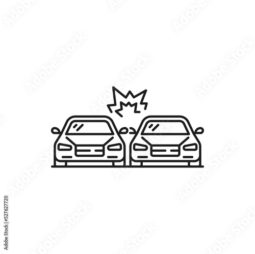 Car crash, damage or road accident thin line icon. Car driving safety, vehicle damage in accident or violation outline sign. Automobile collision on road line vector pictogram with two cars crashing