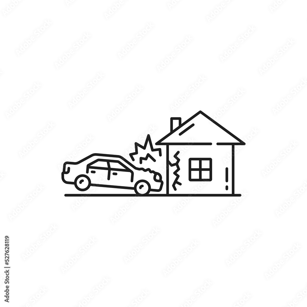 Car collision, accident or crash line icon. Car damage in road crash icon, automobile driving safety thin line symbol with. Vehicle collision or failure outline vector sign with car hitting house Car collision, accident or crash line icon. Car damage in road crash icon, automobile driving safety thin line symbol with. Vehicle collision or failure outline vector sign with car hitting house