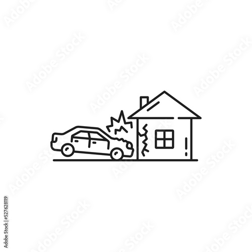 Car collision, accident or crash line icon. Car damage in road crash icon, automobile driving safety thin line symbol with. Vehicle collision or failure outline vector sign with car hitting house