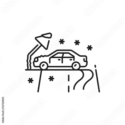 Car damage, crash or accident thin line icon. Car collision on icy winter road, accident pictogram. Vehicle driving safety thin line sign or automobile disaster, traffic violation simple vector symbol