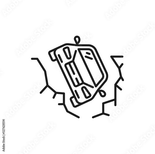Car crash, damage or accident thin line icon. Vehicle damage in collision, road crash sign or car failure outline vector pictogram with car falling in ravine or canyon. Driving safety thin line icon
