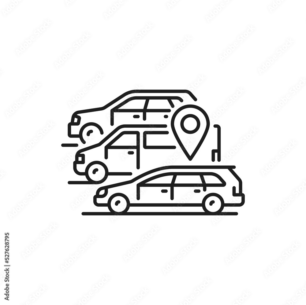 Carpool share service, carpooling or car-sharing, ride-sharing and lift-sharing linear icon. Isolated vector cars and location sign, multiple drive