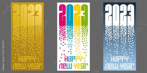 2023 - 3 cartes ou flyers de différentes couleurs pour fêter la nouvelle année avec un graphisme original imaginé avec des pixels.