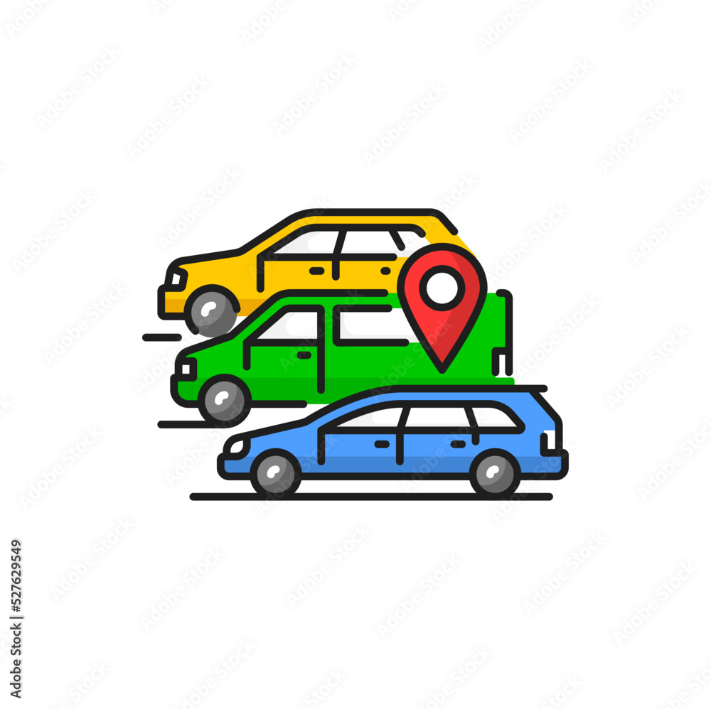 Car share service, carpool, cars and location sign isolated color linear icon. Vector ride-sharing and lift-sharing, multiple drive and share services