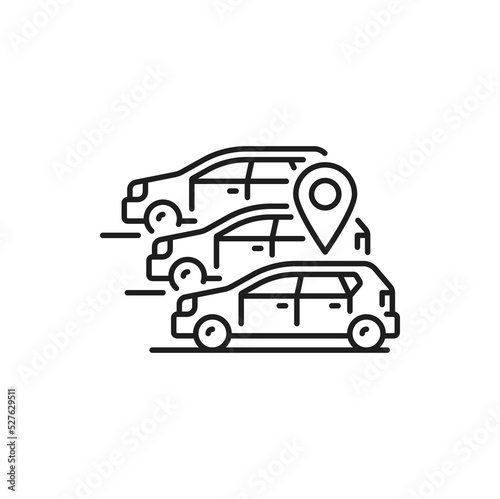 Carpool share service, multiple drive and location sign. Vector carpooling or car-sharing, lift-sharing linear icon. Car location sign on parking