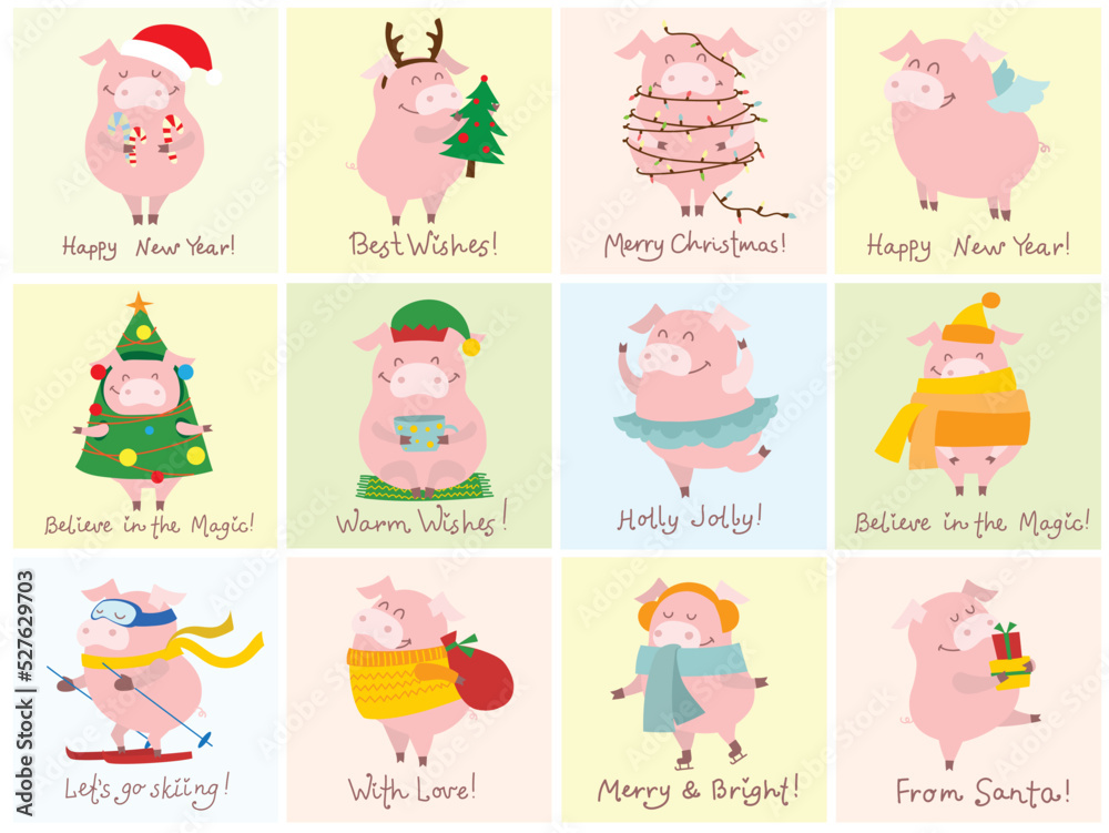 Cute Christmas piggies collection. Vector illustration of funny cartoon pigs in different costumes.