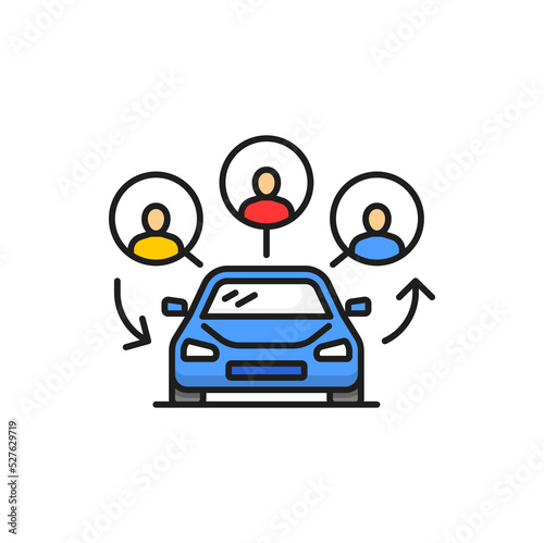 Car share service, carpool, people want carsharing. Vector carpooling or car-sharing, ride-sharing, lift-sharing icon. Multiple drivers on car on rent