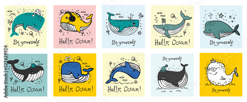 Vector illustration cards with cute doodle ocean inhabitans whales in color and funny motavation quote