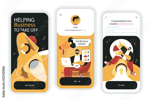 Business startup concept onboarding screens. New project launch, company development and earnings growth. UI, UX, GUI user interface kit with flat people scene. Vector illustration for web design