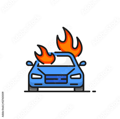 Car in fire isolated crash or damage of vehicle flat line icon. Automobile transport accident, car burn in flame, damage or engine wrack