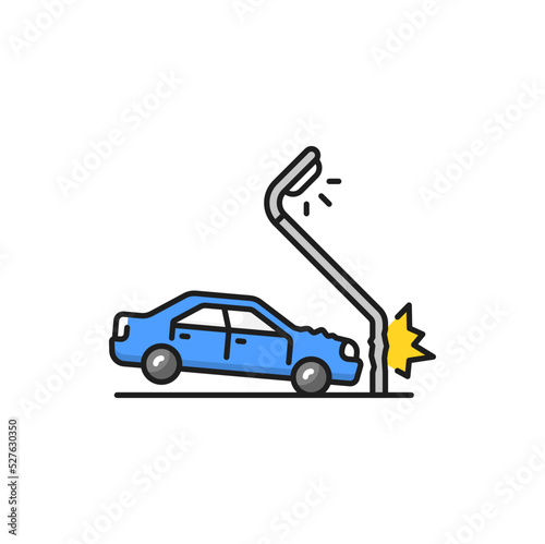 Car bump into pillar, broken automobile isolated car trash line icon. Drunk driver, accident or accidental damage. Dangerous slippery road, collision