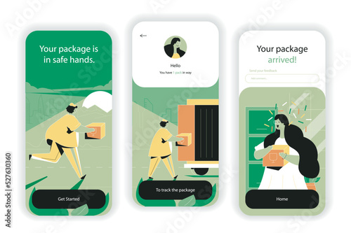 Delivery service concept onboarding screens. Fast courier delivery of parcels, logistics and express shipping. UI, UX, GUI user interface kit with flat people scene. Vector illustration for web design