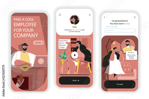 Recruitment concept onboarding screens. Human resources, search for employees for vacancies, job interviews. UI, UX, GUI user interface kit with flat people scene. Vector illustration for web design