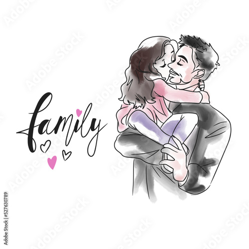 Family, handwritten lettering, cartoon happy family, dad and little daughter hugging