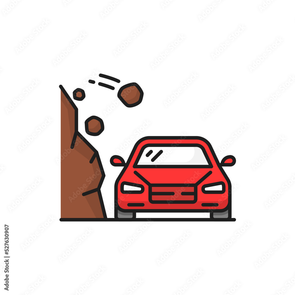 Landslide natural disaster isolated color line icon. Rocks falling on ...