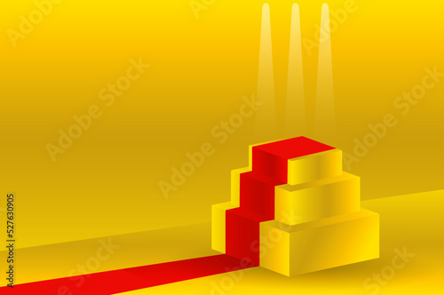 A podium, a fantastic golden landscape and geometric figures in yellow tones.
 An empty space for your design. 3d image.