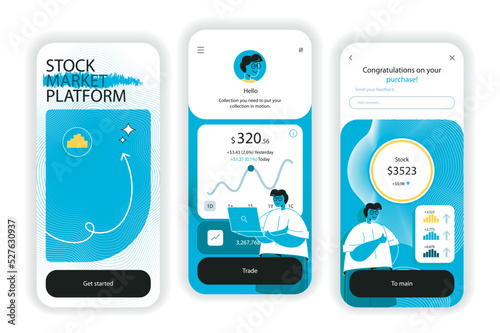 Stock market concept onboarding screens. Analysis of financial data and trading on stock exchange in app. UI, UX, GUI user interface kit with flat people scene. Vector illustration for web design