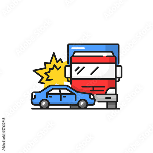 Road collision isolated car and truck trash color line icon. Two smashed vehicles, container van accident crash. Damaged transport, accident on road