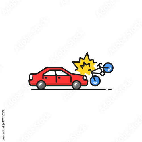 Automobile knocking down bike isolated vector road collision color line icon. Car or traffic accident with car and bicycle  traffic accident