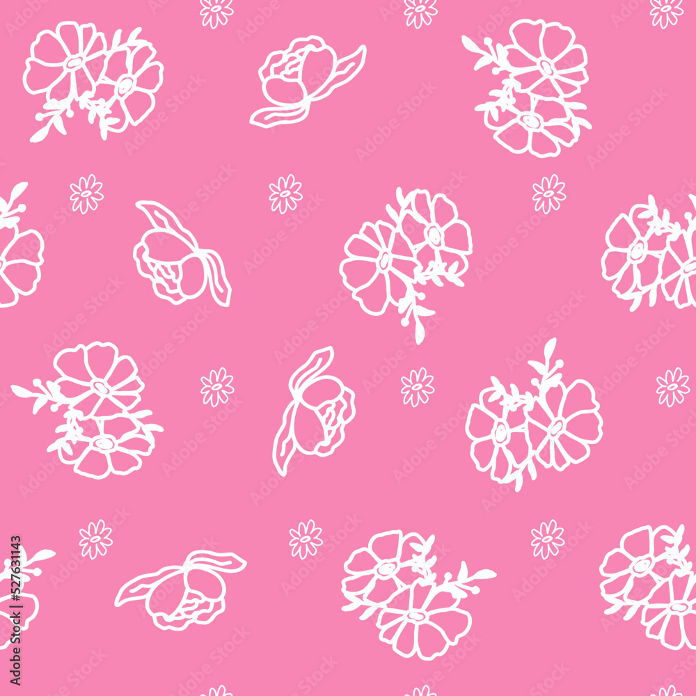 Hand drawn white line doodle, pink seamless wallpaper. Cute vector flowers, pattern for paper, fabric textile, home, kids.