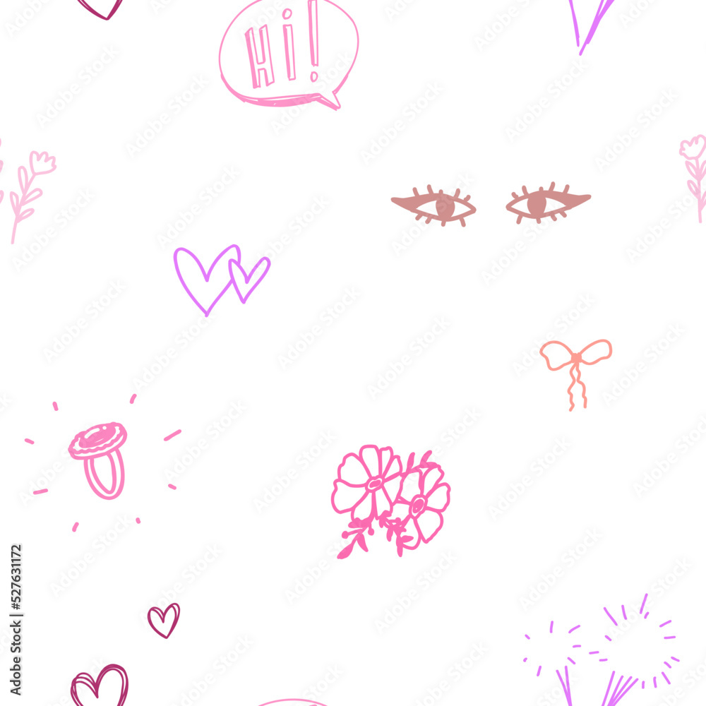 Cute white pattern with line eyes, doodle flowers, ring seamless background for textile fabric. Minimalism paper scrapbook.