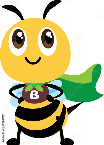 Flat art cute bee with superhero costume ready to save the world. Cute bee with green cloak protect the natural environment.