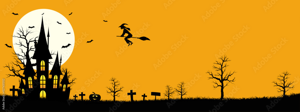 Happy Halloween template banner background, Design with the Castle, Witch, bat and full moon on Orange color Background, Vector illustration