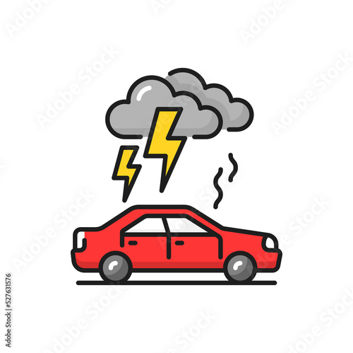 Flood and thunder flashes above car isolated insurance vehicle accident color line icon. Thunderstorms above car, clouds and rain, damaged vehicle