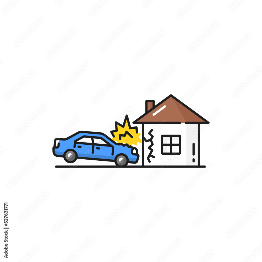Auto crashed into wall of home isolated color line icon of car crash. Property insurance, vehicle crash into wall of house building Auto crashed into wall of home isolated color line icon of car crash. Property insurance, vehicle crash into wall of house building