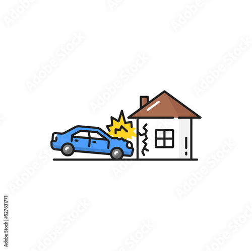 Auto crashed into wall of home isolated color line icon of car crash. Property insurance, vehicle crash into wall of house building © Vector Tradition