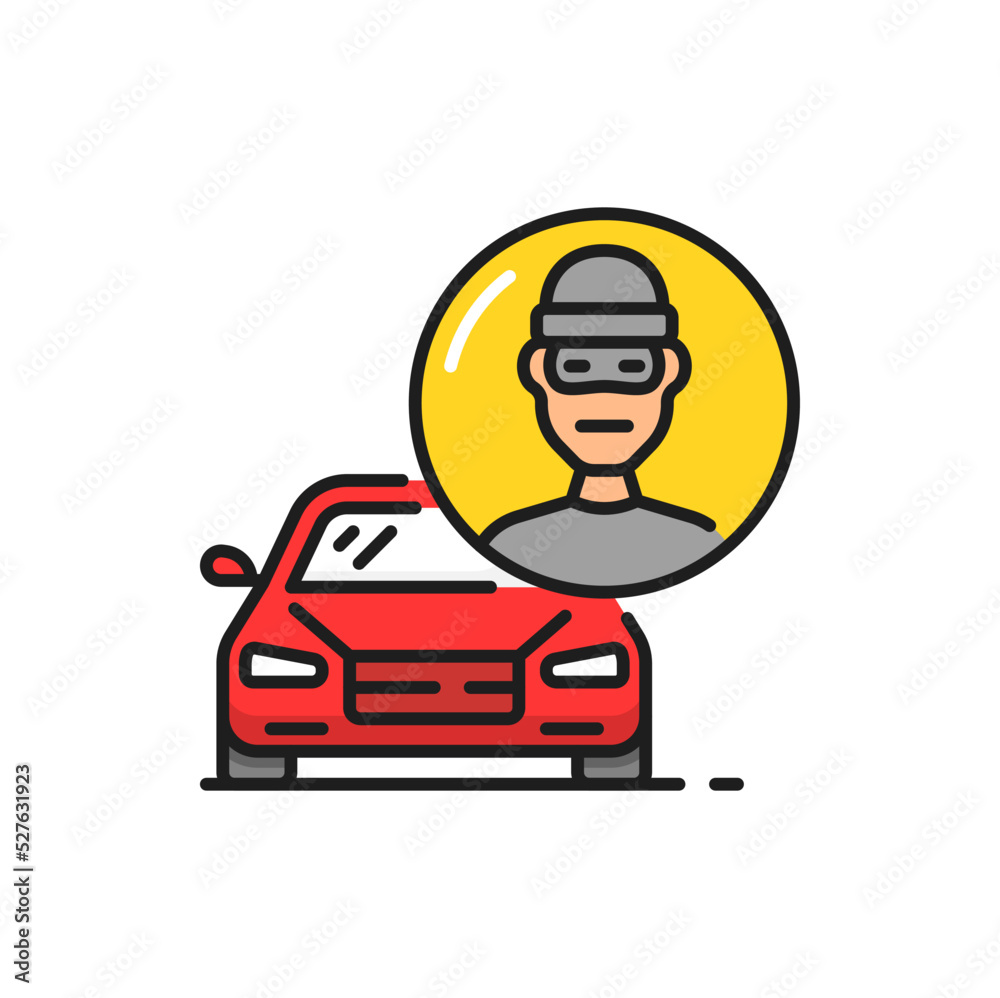 Car thief, isolated auto theft and red vehicle line icon. Automobile insurance outline symbol, burglar or robber portrait , robbery of auto transport