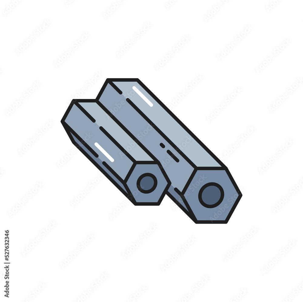 Aluminium rolled metal pipe pipeline, isolated armature outline icon. Rolling industry metalworking construction element, stainless steel profile Aluminium rolled metal pipe pipeline, isolated armature outline icon. Rolling industry metalworking construction element, stainless steel profile